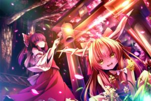 brunettes, Blondes, Video, Games, Touhou, Cherry, Blossoms, Trees, Dress, Night, Flowers, Demons, Horns, Long, Hair, Oni, Lanterns, Miko, Glowing, Gate, Yellow, Eyes, Hakurei, Reimu, Bows, Red, Dress, Open, Mout