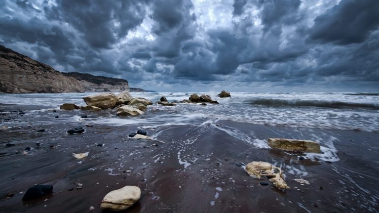 water, Clouds, Sand, Waves, Stones, Skies, Beaches HD Wallpaper Desktop Background