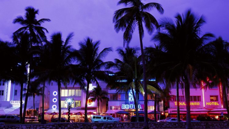 cars, Miami, Street, Lights, Palm, Trees, Hotels HD Wallpaper Desktop Background