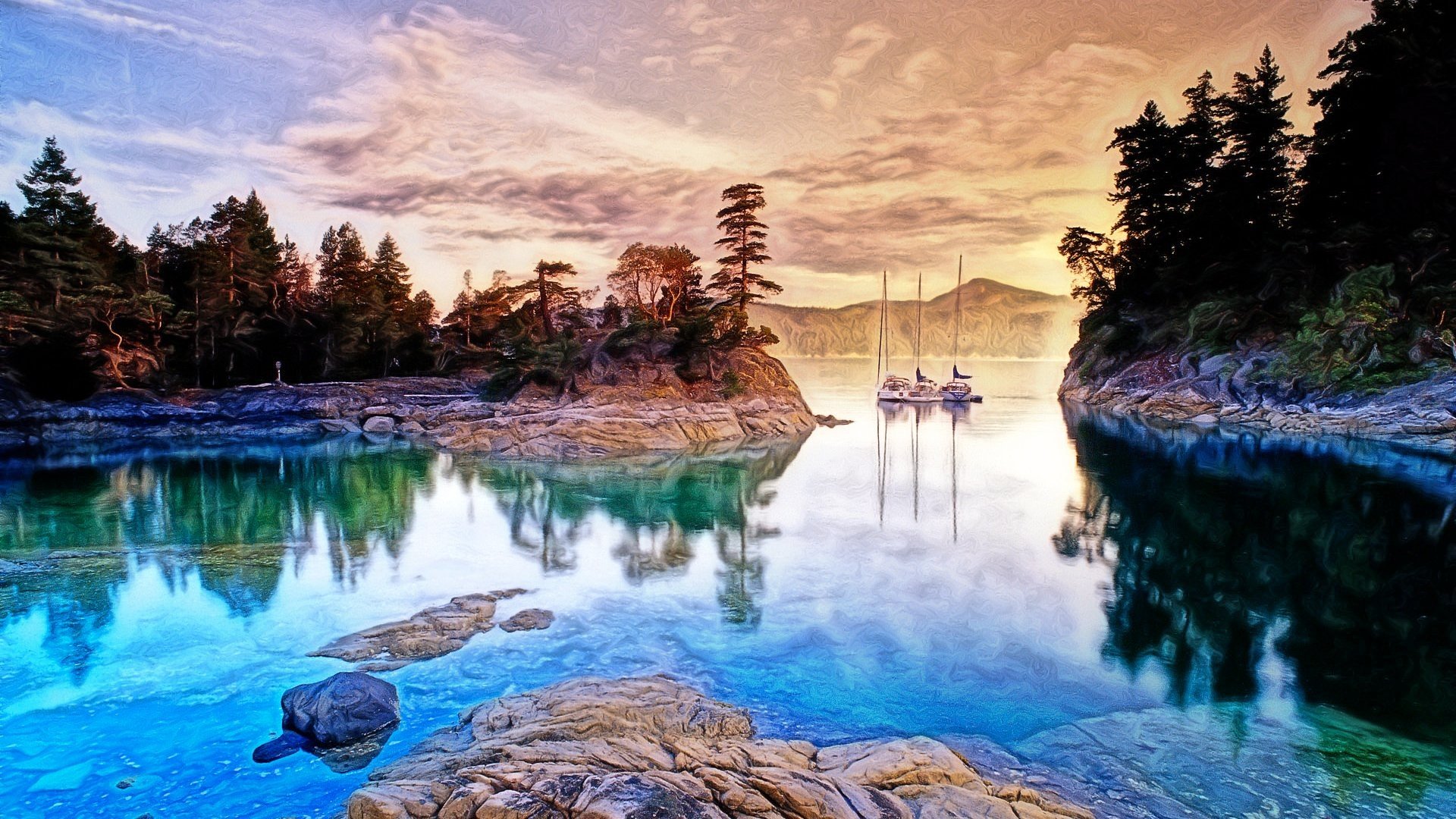 sunset, Clouds, Landscapes, Trees, Boats, Lakes Wallpaper