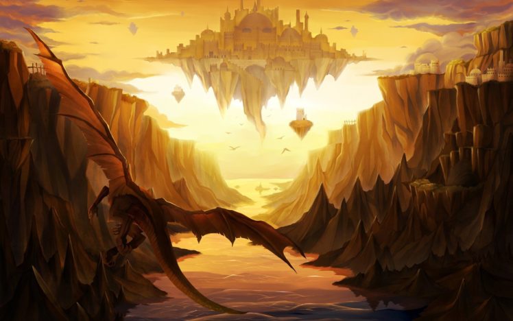 castles, Dragons, Valleys, Rocks, Fantasy, Art, Floating, Islands HD Wallpaper Desktop Background