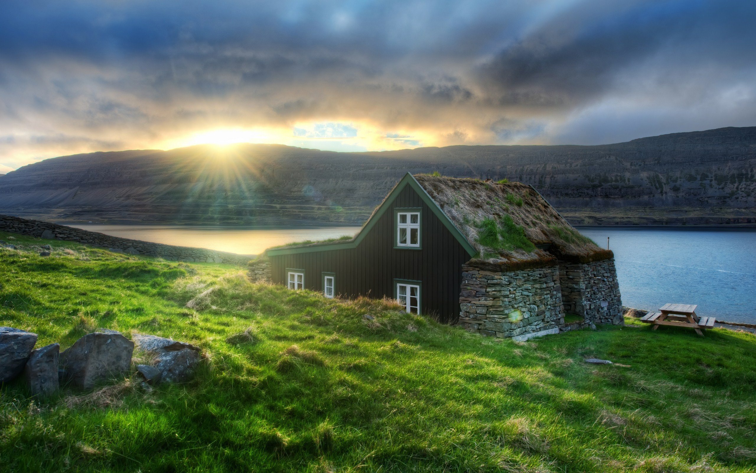 nature, Sun, Grass, Houses, Rivers Wallpaper