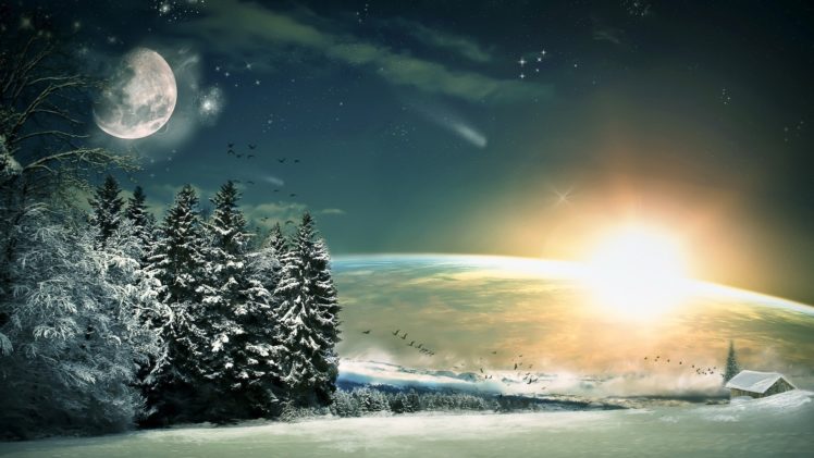 light, Fantasy, Winter, Snow, Sun, Trees, Stars, Wood, Birds, Moon, Fir, Descent HD Wallpaper Desktop Background