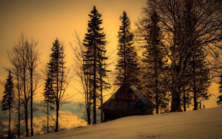 sunset, Nature, Winter, Trees, Shack HD Wallpaper Desktop Background