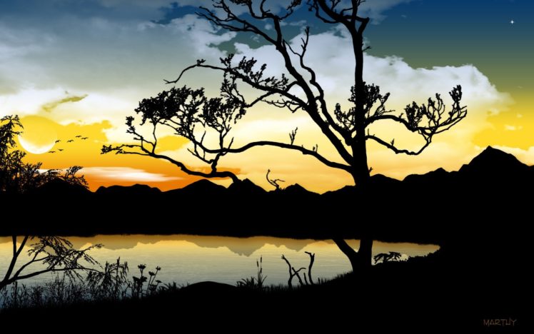 trees, Silhouettes, Lakes HD Wallpaper Desktop Background