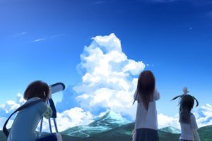 brunettes, Mountains, Clouds, Landscapes, Back, School, Uniforms, Schoolgirls, Skirts, Long, Hair, Short, Hair, Twintails, Scenic, Skyscapes, Anime, Girls, Armbands, Hair, Ornaments, Black, Hair, Skies, Three, G