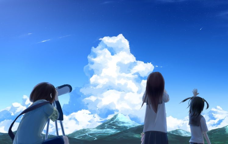 brunettes, Mountains, Clouds, Landscapes, Back, School, Uniforms, Schoolgirls, Skirts, Long, Hair, Short, Hair, Twintails, Scenic, Skyscapes, Anime, Girls, Armbands, Hair, Ornaments, Black, Hair, Skies, Three, G HD Wallpaper Desktop Background