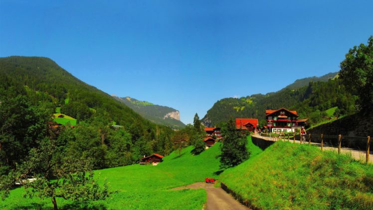 mountains, Landscapes, Nature, Trees, Houses, Switzerland, Bern, Countryside, Lauterbrunnen HD Wallpaper Desktop Background