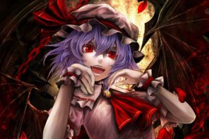 video, Games, Touhou, Wings, Vampires, Purple, Hair, Red, Eyes, Short, Hair, Open, Mouth, Chains, Flower, Petals, Cuffs, Hats, Pink, Dress, Remilia, Scarlet, Slit, Pupils