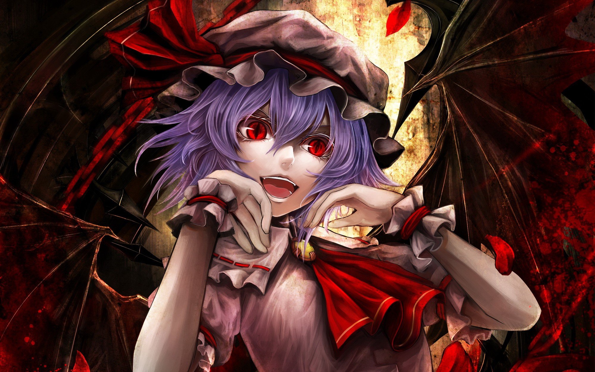 video, Games, Touhou, Wings, Vampires, Purple, Hair, Red, Eyes, Short, Hair, Open, Mouth, Chains, Flower, Petals, Cuffs, Hats, Pink, Dress, Remilia, Scarlet, Slit, Pupils Wallpaper