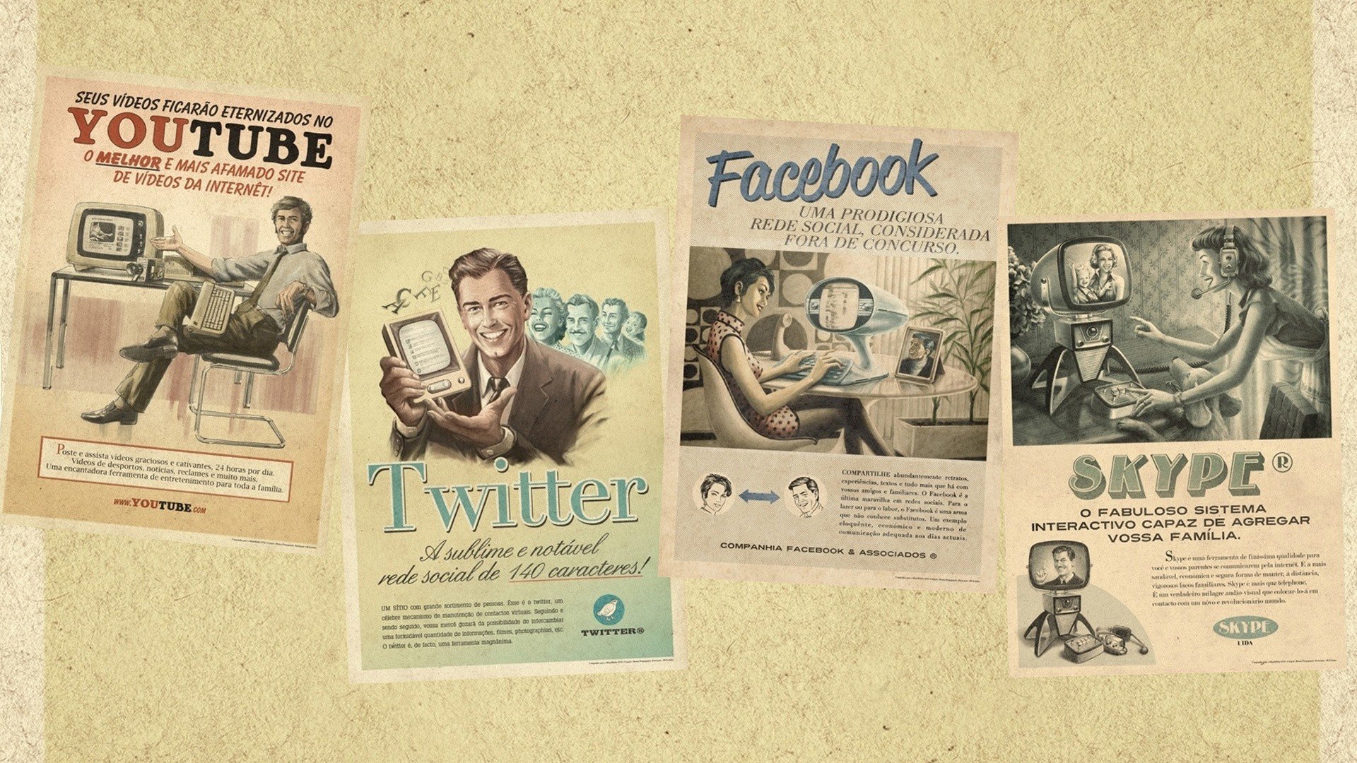 computers, Facebook, Vintage, Retro, Technology, Youtube, Twitter, Advertisement, Website, Portuguese, Skype, Old, Fashion Wallpaper