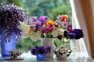 still, Life, Flowers, Color, Vase, Cup, Bowl, Table, Window, Glass, Trees, Curtains, Photography, Plants, Setting