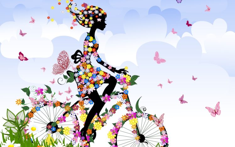 anime, Cartoon, Vector, Abstract, Art, Vehicles, Bicycle, Riding, Motion, Legs, Women, Females, Girls, Style, Color, Flowers, Insects, Butterfly, Sky, Clouds, Spring, Seasons HD Wallpaper Desktop Background