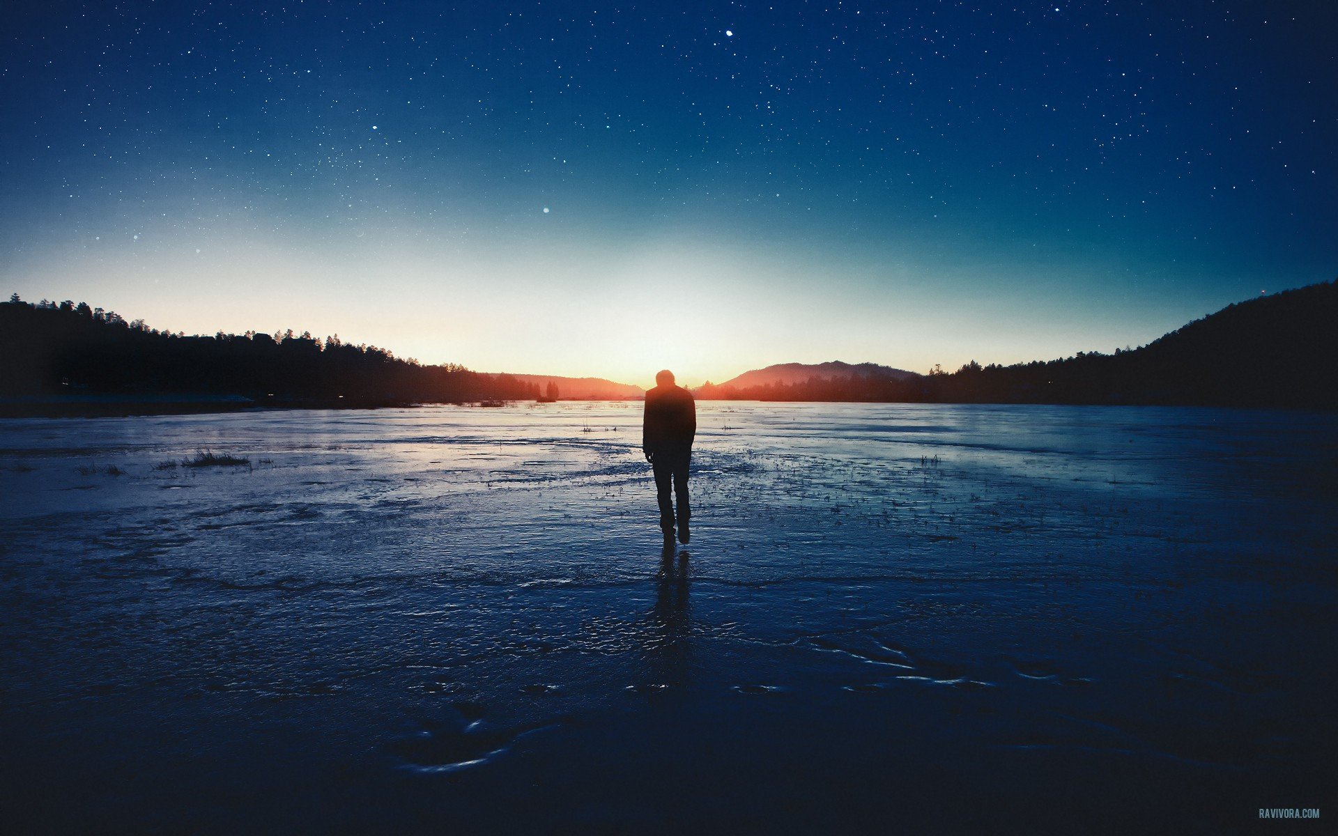 water, Sunset, Stars, Walk, Men, Surface, Skyscapes Wallpaper
