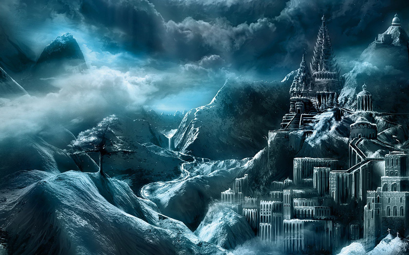 paintings, Blue, Clouds, Castles, Trees, Fantasy, Art, Towns, Vitaly, S, Alexius, Skies Wallpaper