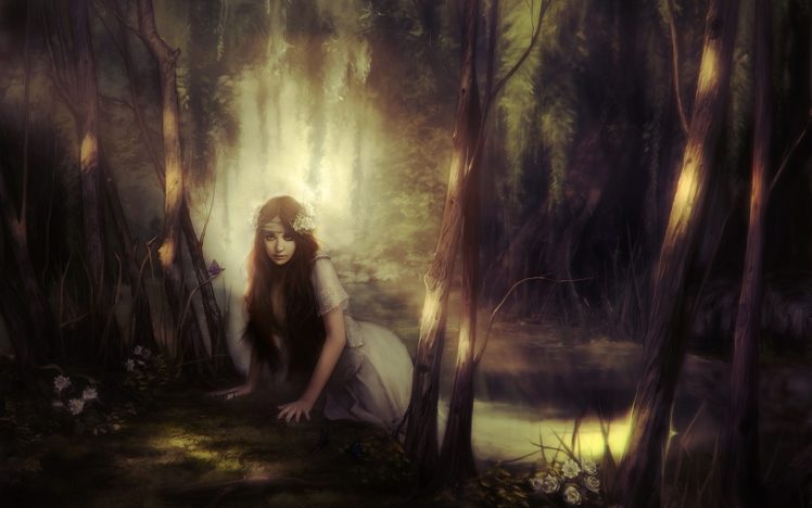 jace wallace, Deviantart, Com, Silent, World, Paintings, Manipulation, Airbrushing, Fantasy, Gothic, Dark, Dress, Gown, Spooky, Soft, Rivers, Streams, Trees, Forest, Sunlight, Sunbeams, Light, Woods, Nature, Land HD Wallpaper Desktop Background