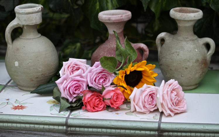 bouquets, Still, Life, Nature, Flowers, Vase, Architecture, Petals, Colors, Ledge HD Wallpaper Desktop Background