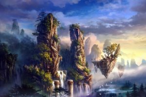 nature, Landscapes, Fantasy, Art, Paintings, Trees, Forest, Jungle, Magic, Waterfall, Rivers, Animals, Birds, Scenic, Islands, Surreal, Sky, Clouds, Sunrise, Sunset, Fog, Mist, Vapor, Haze, Mountains, Architectur