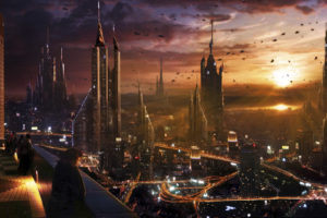 vladimir, Manyuhina, Cg, Digital, Manipulation, Sci, Fi, Science, Fiction, Futuristic, Cities, Architecture, Buildings, Skyscrapers, Sky, Clouds, Sunset, Vehicles, Alien, Detail, Cars, Spaceship, Spacecraft