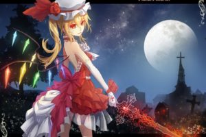 blondes, Video, Games, Touhou, Wings, Trees, Gloves, Dress, Flowers, Stars, Text, Moon, Grass, Houses, Long, Hair, Weapons, Vampires, Red, Eyes, Churches, Crystals, Tombstones, Flandre, Scarlet, Hats, Anime, Gir