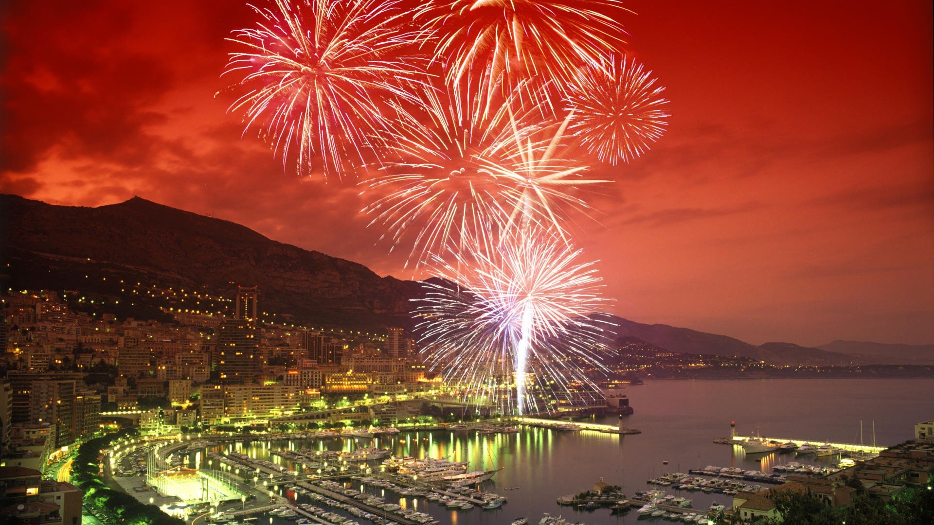 night, Fireworks, Monaco, Harbor Wallpaper
