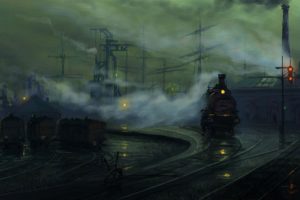 vehicles, Trains, Art, Artistic, Paintings, Dark, Storm, Rain, Drops, Wet, Water, Tracks, Locomotive, Engine, Railroad, Roads, Fog, Mist, Haze, Steam, Mech, Mood, Architecture, Sky, Clouds