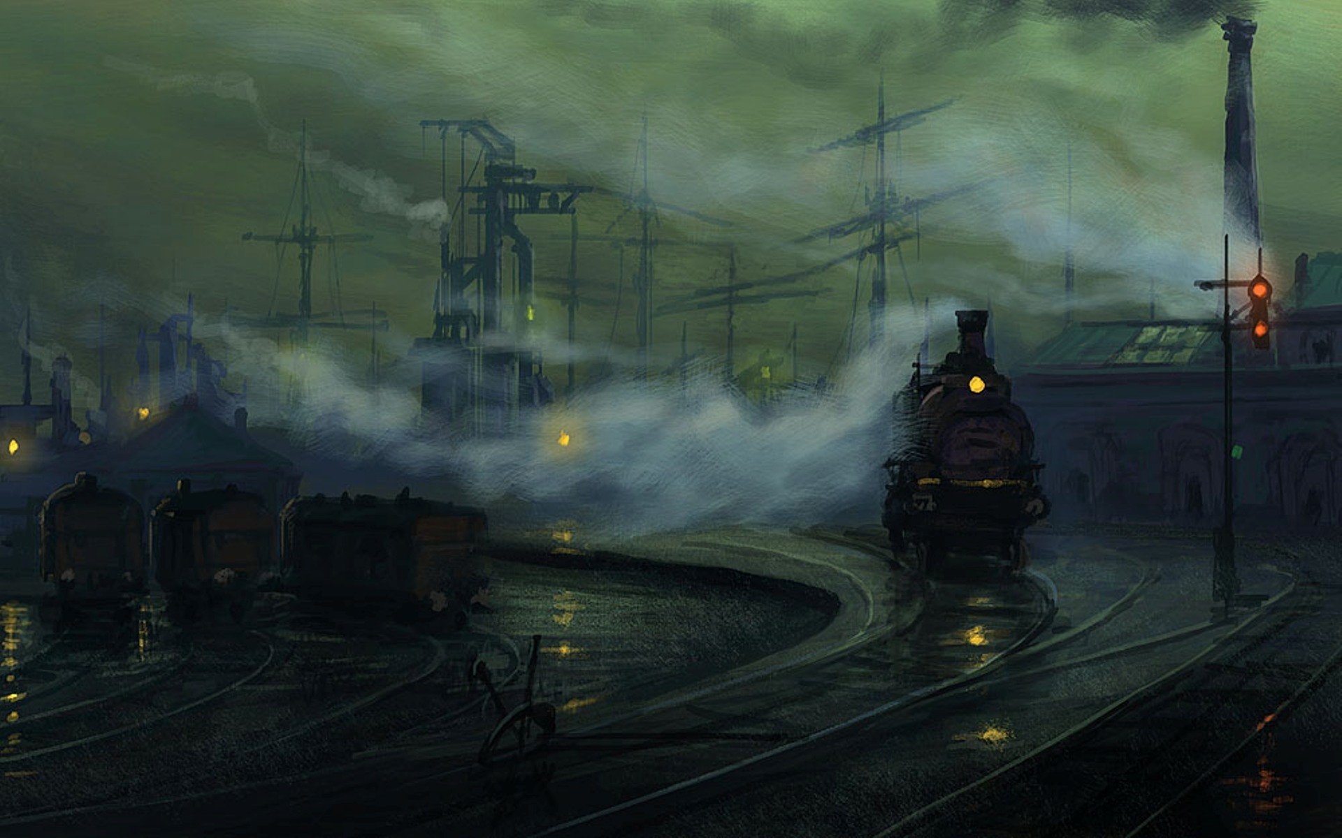 vehicles, Trains, Art, Artistic, Paintings, Dark, Storm, Rain, Drops