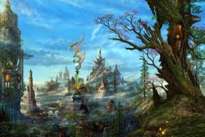 art, Ucchiey, Kazamasa, Uchio, Fantasy, Cg, Digital, Art, Paintings, Airbrushing, Anime, Landscapes, Colors, Detail, Magi, Dragons, Cities, Architecture, Buildings, Sky, Clouds, Trees, Fog, Mist, Haze, Steampunk,