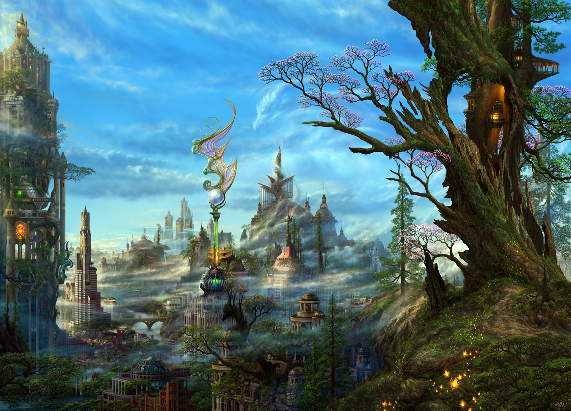 art, Ucchiey, Kazamasa, Uchio, Fantasy, Cg, Digital, Art, Paintings, Airbrushing, Anime, Landscapes, Colors, Detail, Magi, Dragons, Cities, Architecture, Buildings, Sky, Clouds, Trees, Fog, Mist, Haze, Steampunk, Wallpaper