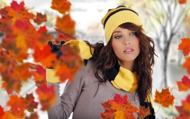 autumn, Fall, Seasons, Fashion, Style, Leaves, Model, Brunette, Face, Eye, Lips, Hat, Trees, Color, Pose, Women, Females, Girls, Sensual HD Wallpaper Desktop Background