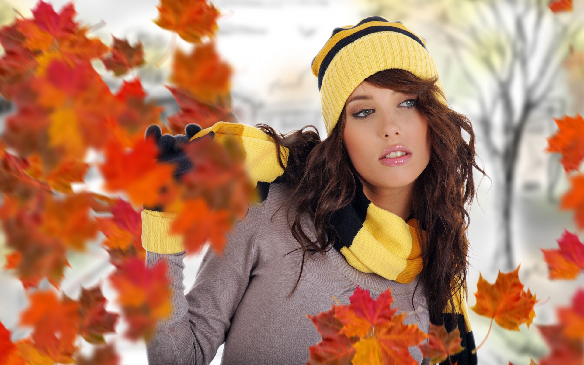 autumn, Fall, Seasons, Fashion, Style, Leaves, Model, Brunette, Face, Eye, Lips, Hat, Trees, Color, Pose, Women, Females, Girls, Sensual Wallpaper