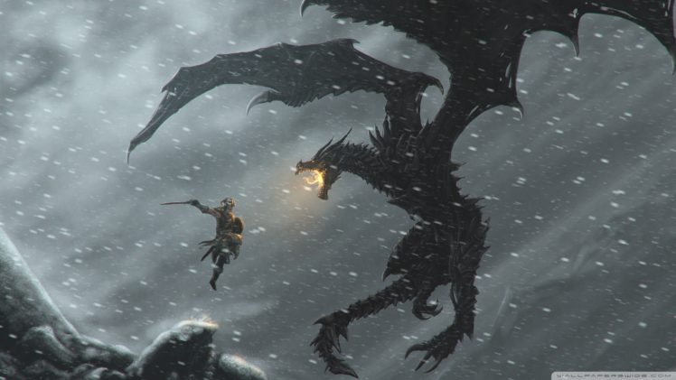 snow, Dragons, Fantasy, Art, Warriors, The, Elder, Scrolls, V , Skyrim HD Wallpaper Desktop Background