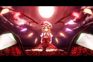 blondes, Video, Games, Clouds, Touhou, Wings, Red, Dress, Flowers, Moon, Long, Hair, Ribbons, Outdoors, Socks, Vampires, Glowing, Red, Eyes, Crystals, Red, Dress, Sitting, Flandre, Scarlet, Soft, Shading, Roses,