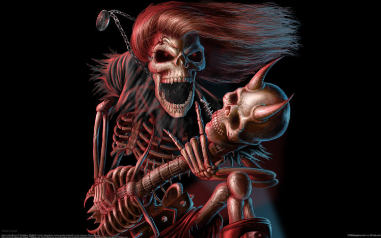 dark, Music, Reaper, Skeleton, Skull, Guitars, Evil, Scary, Spooky, Halloween, Horns, Fantasy, Bones, Scream, Smile, Grimace HD Wallpaper Desktop Background