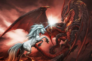 fantasy, Dragons, Unicorn, Animals, Mythical, Mystical, Magic, Battle, War, Fight, Wings, Mane, Fur, Red, Art, Cg, Digital, Paintings, Airbrushing, Situation, Landscapes, Mountains, Horn, Fire, Flames, Sky, Cloud