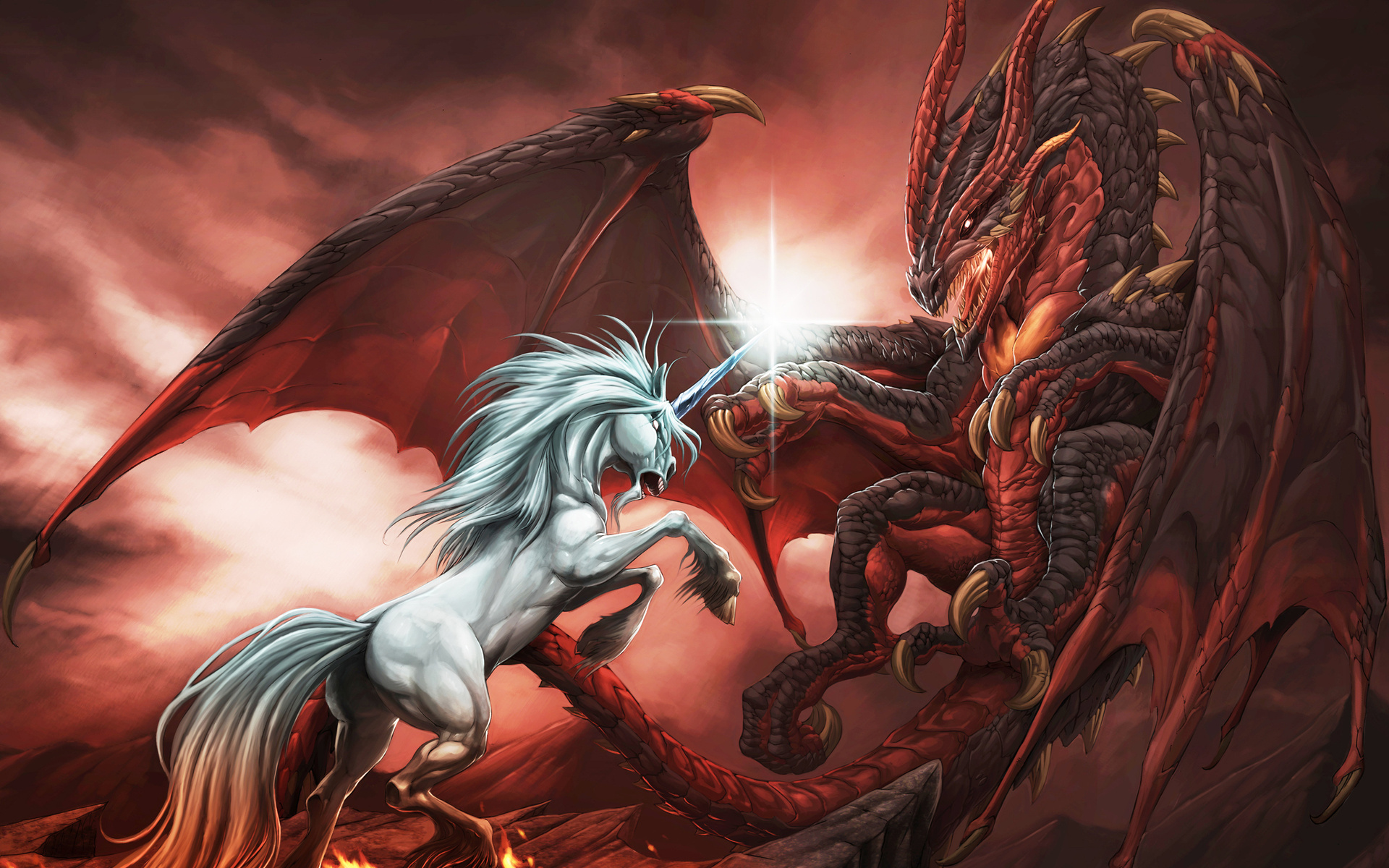 fantasy, Dragons, Unicorn, Animals, Mythical, Mystical, Magic, Battle, War, Fight, Wings, Mane, Fur, Red, Art, Cg, Digital, Paintings, Airbrushing, Situation, Landscapes, Mountains, Horn, Fire, Flames, Sky, Cloud Wallpaper