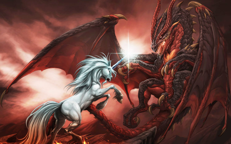 fantasy, Dragons, Unicorn, Animals, Mythical, Mystical, Magic, Battle, War, Fight, Wings, Mane, Fur, Red, Art, Cg, Digital, Paintings, Airbrushing, Situation, Landscapes, Mountains, Horn, Fire, Flames, Sky, Cloud HD Wallpaper Desktop Background