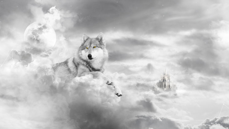 animals, Wolf, Wolves, Fur, Face, Clouds, Sky, Fantasy, Cg, Digital, Art, Castle, Dream, Surreal, Psychedelic, Mystical, Mythical, Moon, Sun, Light HD Wallpaper Desktop Background