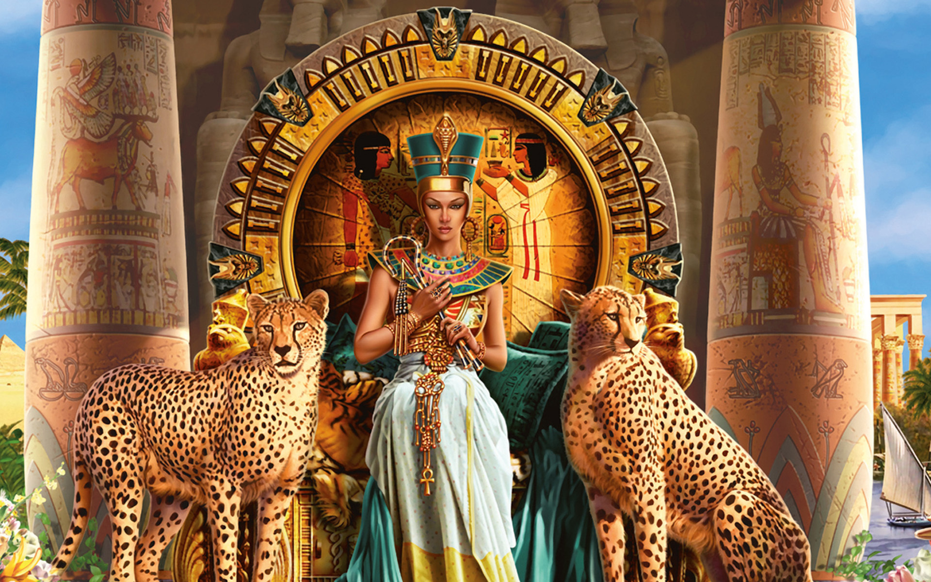 cleopatra, Vii, Philopator, Pharaoh, Ancient, Egypt, Ptolemaic, Dynasty, Egyptian, Animals, Cats, Cheetah, Throne, Color, Detail, Jewelry, Gold, Architecture, Buildings, Dress, Gown, Queen, Fantasy, Spots, Women, Wallpaper