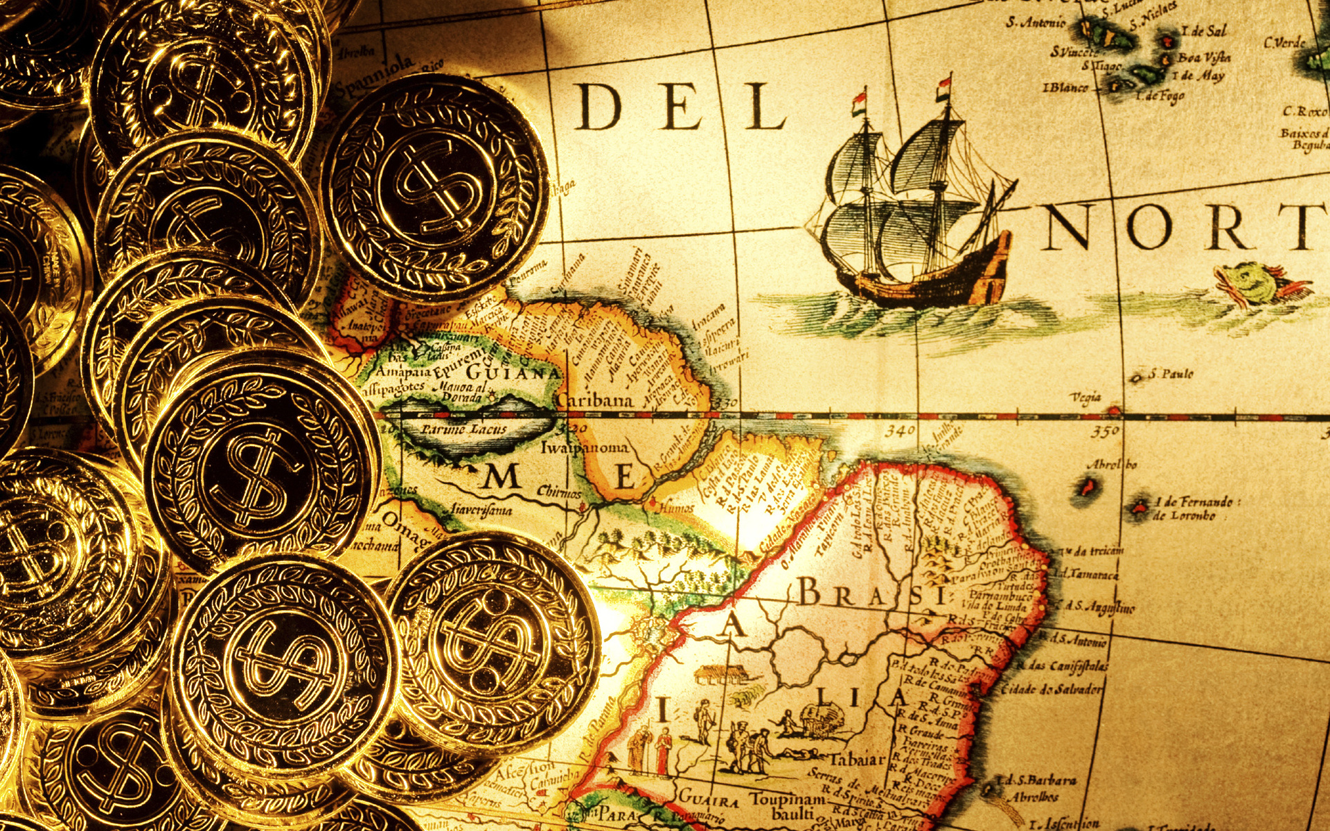 bullion, Gold, Coins, Money, Dollars, Ingots, Fantasy, Pirate, Maps, Ships, Detail, Paper, Islands, Land, Ocean, Sea, Sail, Direction, Shine, World, Color, Degrees Wallpaper