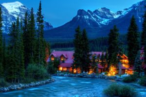 hdr, Landscapes, Nature, Rivers, Mountians, Trees, Forests, Sky, Night, Evening, Lights, Window, Scenic, View, Snow, Peaks, Architecture, Buildings, Resort, Vacation, Color, Bright