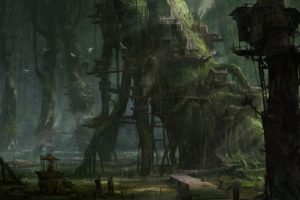 khang, Le, Nature, Landscapes, Trees, Forests, Fantasy, World, Dark, Fog, Mist, Haze, Detail, Architecture, Buildings, Houses, Moss, Art, Artistic, Paintings, Village, Town, People, Animals, Birds, Doves, Soft, P