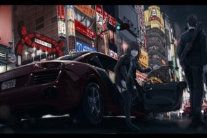 brunettes, Women, Japan, Cityscapes, Night, Cars, Tie, Audi, Shotguns, Weapons, Gas, Masks, Short, Hair, Thigh, Highs, Male, Aug, Audi, R8, Cigarettes, White, Eyes, Low angle, Shot, Cities, Black, Hair, Spas 12,