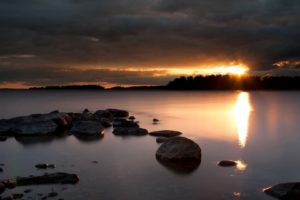 water, Sunset, Clouds, Nature, Sun, Rocks, Lakes, Rivers, Skyscapes
