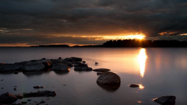 water, Sunset, Clouds, Nature, Sun, Rocks, Lakes, Rivers, Skyscapes HD Wallpaper Desktop Background