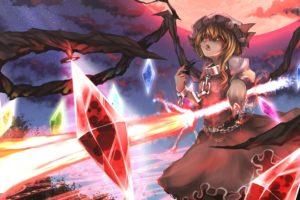 blondes, Video, Games, Clouds, Touhou, Wings, Dress, Night, Stars, Moon, Long, Hair, Outdoors, Weapons, Vampires, Red, Eyes, Crystals, Red, Dress, Open, Mouth, Ponytails, Chains, Flandre, Scarlet, Hats, Full, Mo