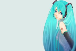 headphones, Tattoos, Vocaloid, Hatsune, Miku, Blue, Eyes, Tie, Long, Hair, Blue, Hair, Twintails, Smiling, Shirts, Simple, Background, Anime, Girls, Microphones