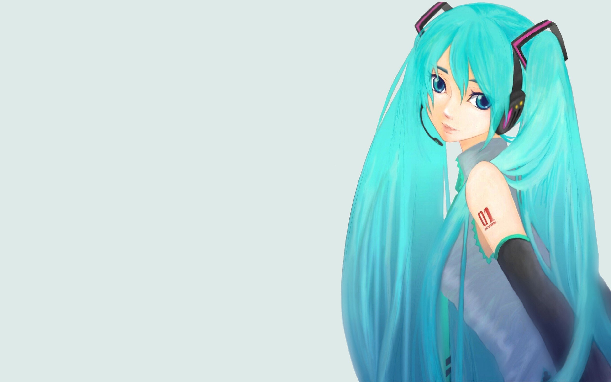 headphones, Tattoos, Vocaloid, Hatsune, Miku, Blue, Eyes, Tie, Long, Hair, Blue, Hair, Twintails, Smiling, Shirts, Simple, Background, Anime, Girls, Microphones Wallpaper