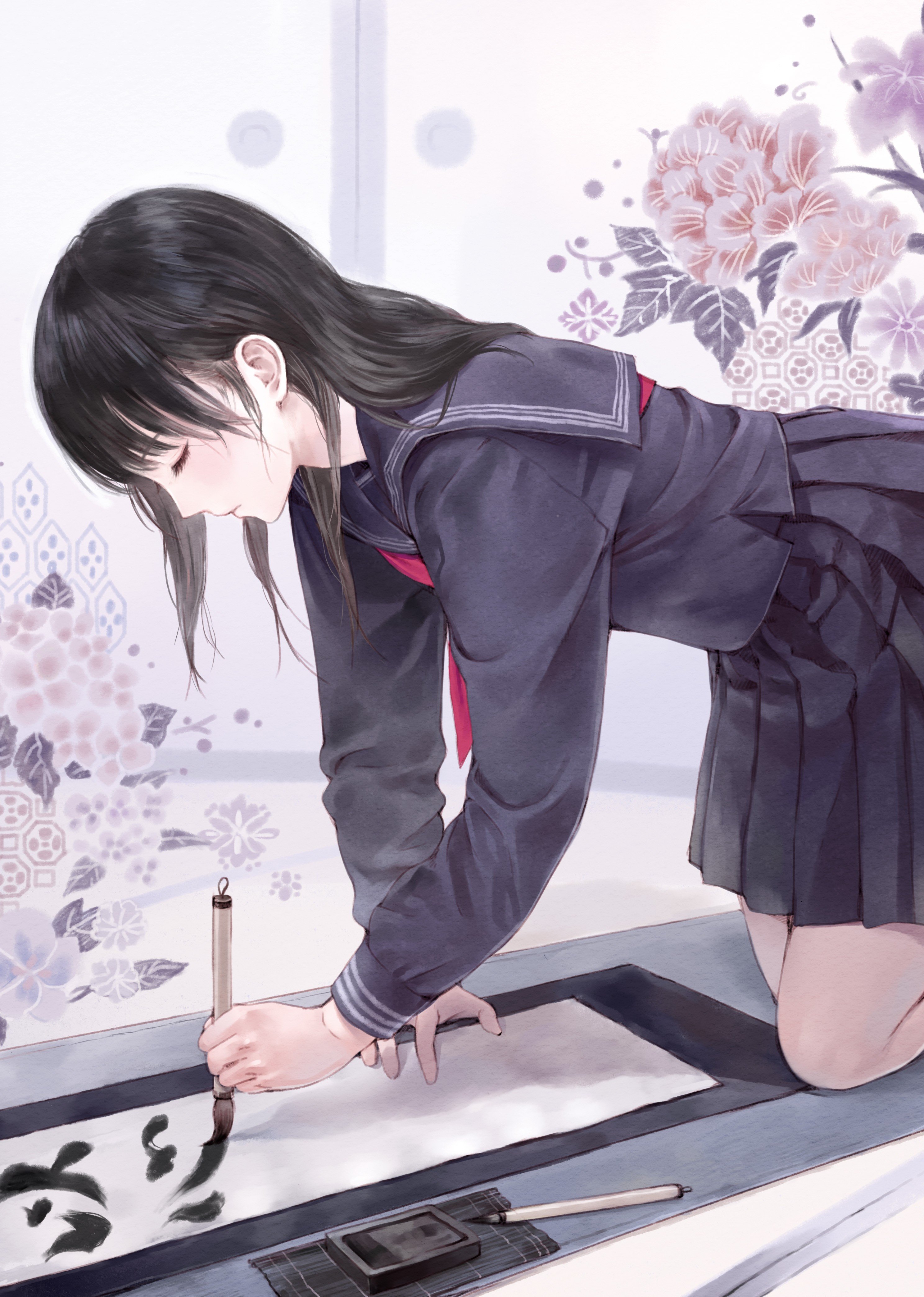 flowers, Indoors, School, Uniforms, Schoolgirls, Skirts, Long, Hair, On, All, Fours, Closed, Eyes, Caligraphy, Anime, Girls, Paint, Brushes, Sailor, Uniforms, Black, Hair, Brushes, Original, Characters Wallpaper