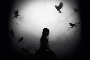 viktoria, Voronko, Mezamero, Anime, Fantasy, Dark, Demon, Zombie, Undead, Horror, Evil, Scary, Creepy, Occult, Crow, Animals, Birds, Ravens, Gothic, Death, Possessed, Alone, Mood, Emotion, Eyes, Face, Glow, Moon,